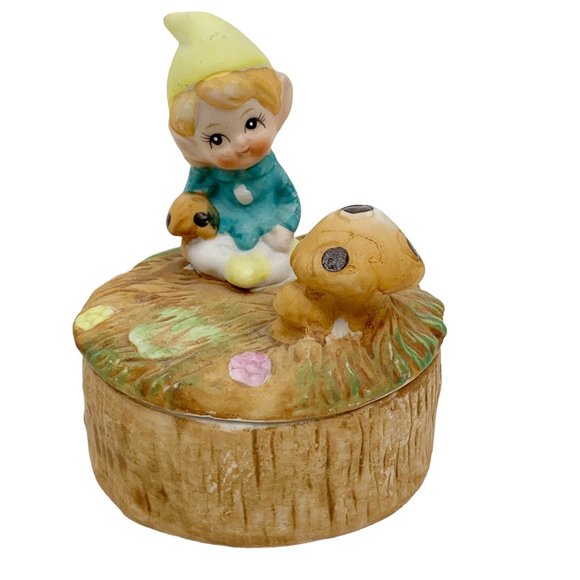 Vintage Homco 5404 Trinket Box Pixie Elf Fairy Mushroom Hand Painted Ring Dish - Picture 1 of 11